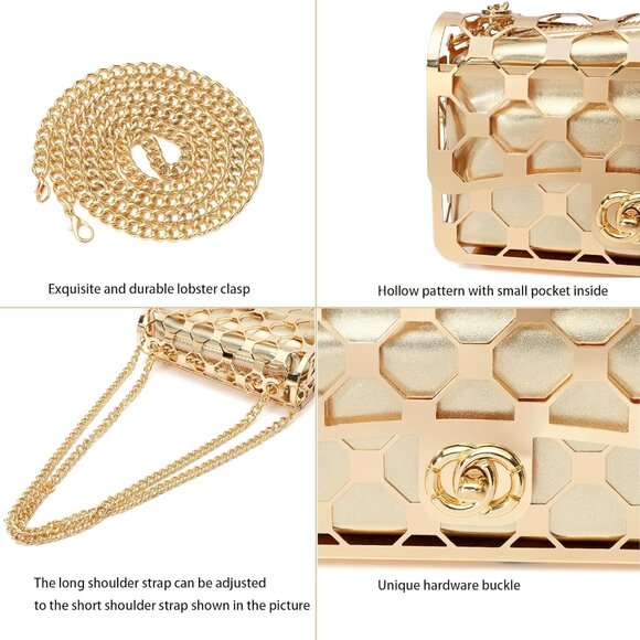 ⚡ Women\'s Gold Evening Elegant Exquisite Metal Hollow Clutch Crossbody Handbag